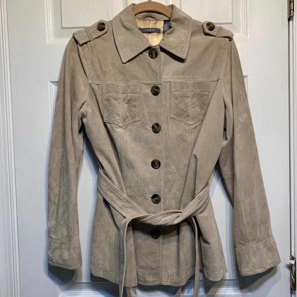 Liz Claiborne Suede Field Jacket Size M Belted Safari Utility Coat Leather Chic